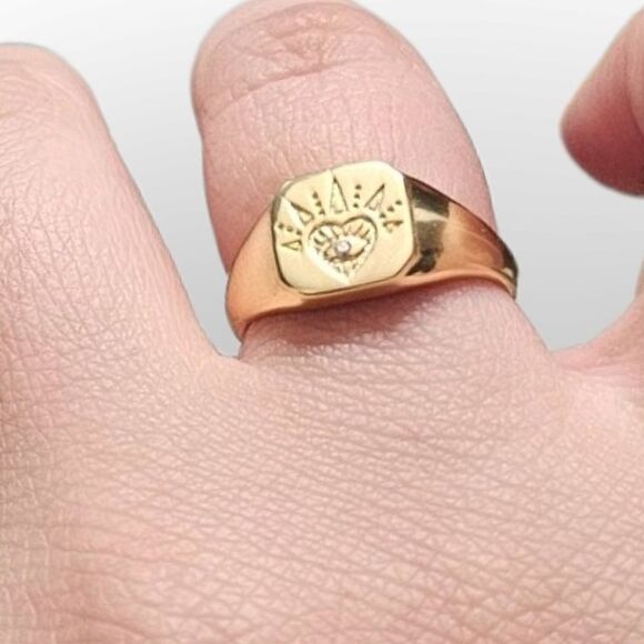 Open Heart Signet 18k Gold Plated Sterling Silver 925 Resizable Ring (Size 4-11) - Picture 12 of 15